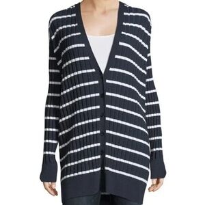 T by Alexander Wang Striped Wool Blend V-Neck Ribbed Longline Cardigan Navy